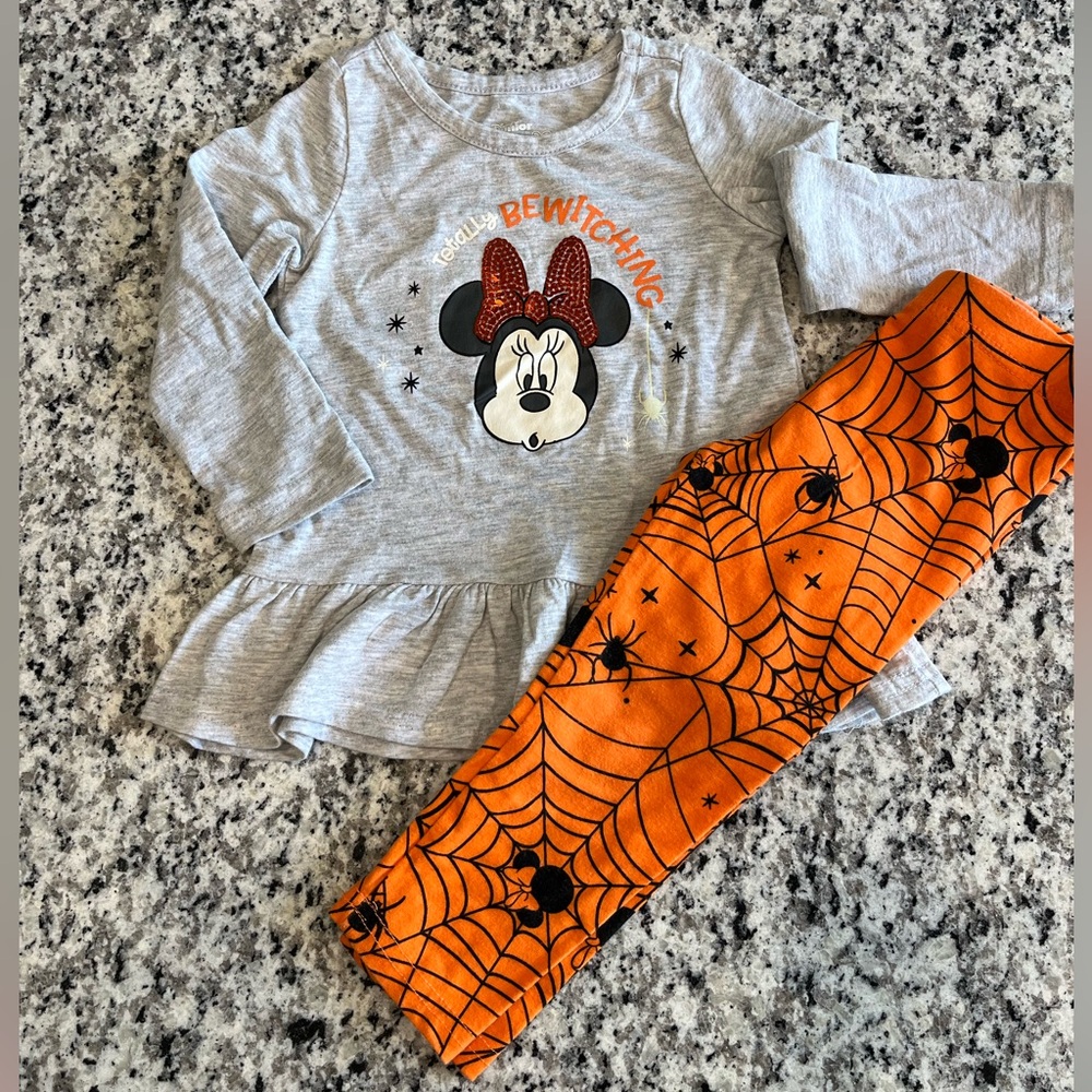 Gray Minnie Mouse Top & Orange Spiderweb Leggings Set Girls 24 Months Halloween